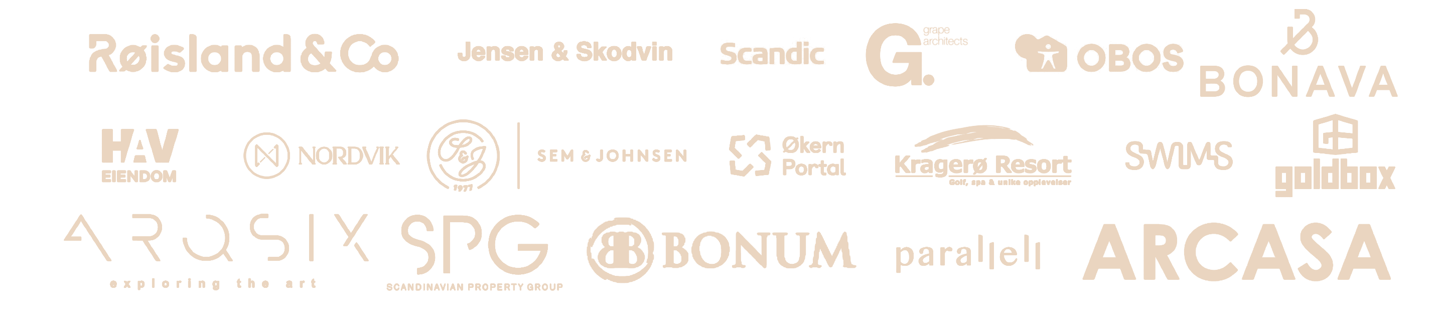 Utvalgte kunder, blant andre Røisland & Co, Scandic, OBOS, Bonava, Nordvik, Sem & Johnsen, Arcasa og Scandinavian Property Group
