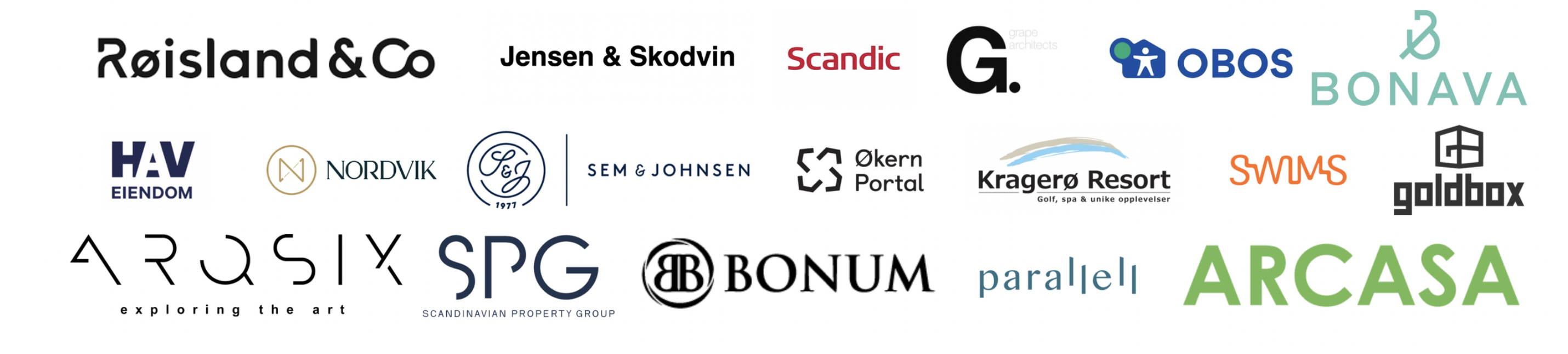 Utvalgte kunder, blant andre Røisland & Co, Scandic, OBOS, Bonava, Nordvik, Sem & Johnsen, Arcasa og Scandinavian Property Group